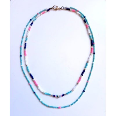 dubbele hals ketting in blauw/ wit/ roze dubbele hals ketting in blauw/ wit/ roze